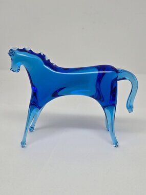 Hand Blown Glass Horse Figurine, Cobalt, Blue, 3" Tall